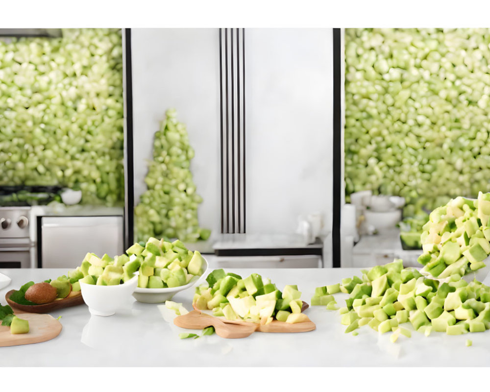 Contemporary kitchen scene with double-door refrigerator, green vegetables, and kitchen knives.