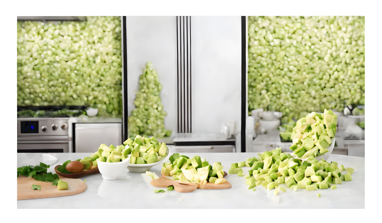 Contemporary kitchen scene with double-door refrigerator, green vegetables, and kitchen knives.