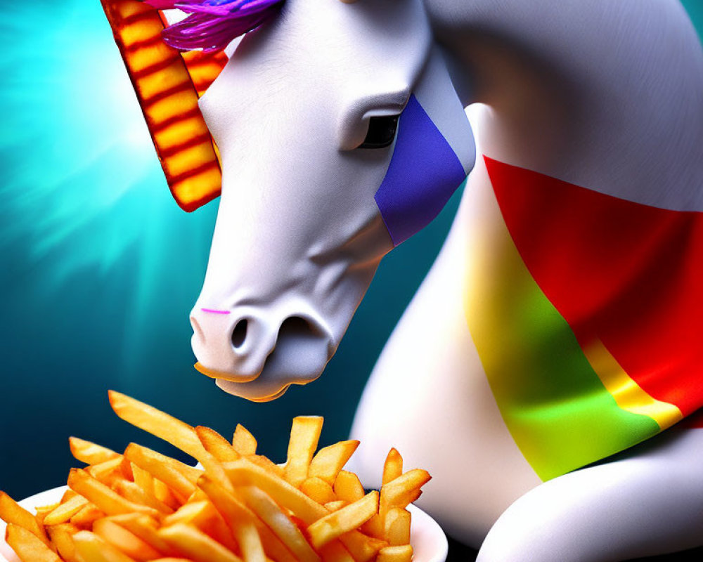 Colorful unicorn with rainbow mane and cape admiring French fries on blue background