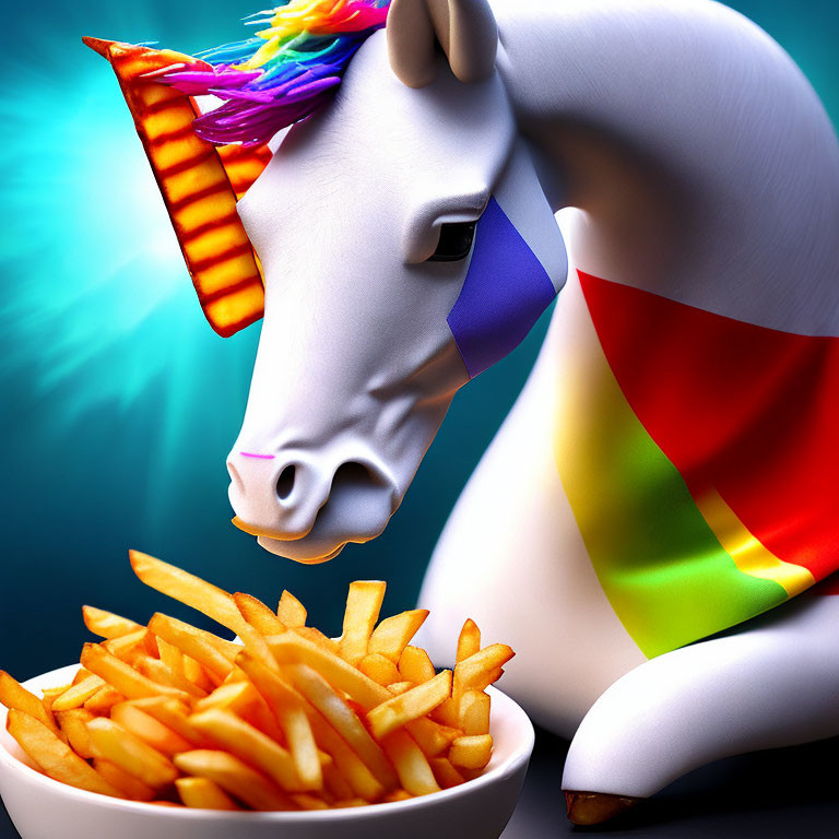 Colorful unicorn with rainbow mane and cape admiring French fries on blue background