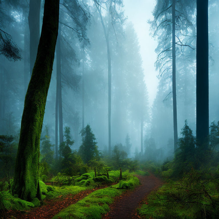 Misty forest with moss-covered trees and winding path