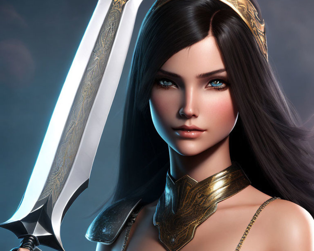 Fantasy digital art of female warrior with black hair, blue eyes, golden tiara, armor,