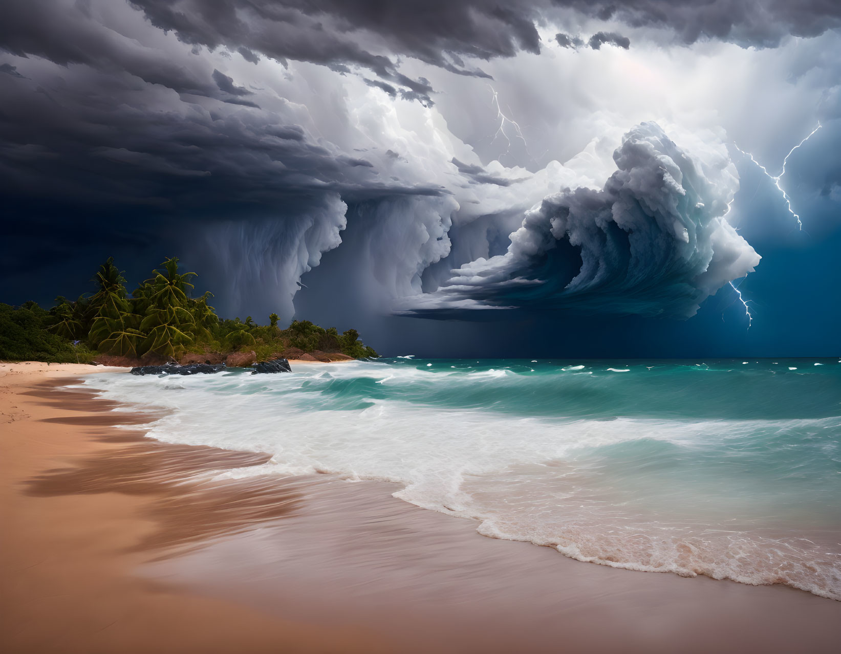 Dramatic beach scene with turbulent clouds and lightning over turquoise waters