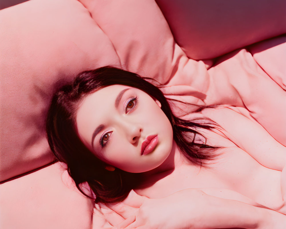 Dark-Haired Person Resting on Pink Pillow in Contemplation