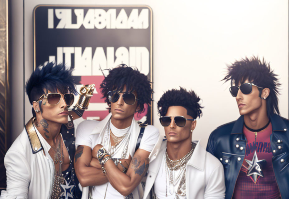 Four men with edgy hairstyles and sunglasses in leather and denim outfits with metallic accessories stand confidently