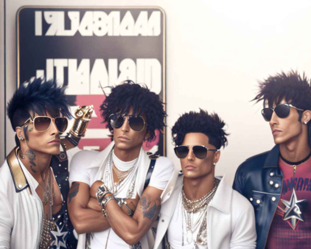 Four men with edgy hairstyles and sunglasses in leather and denim outfits with metallic accessories stand confidently