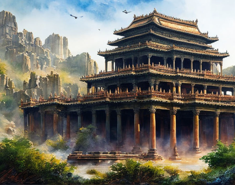 Ornate Asian temple on stone platform in mystical mountain landscape