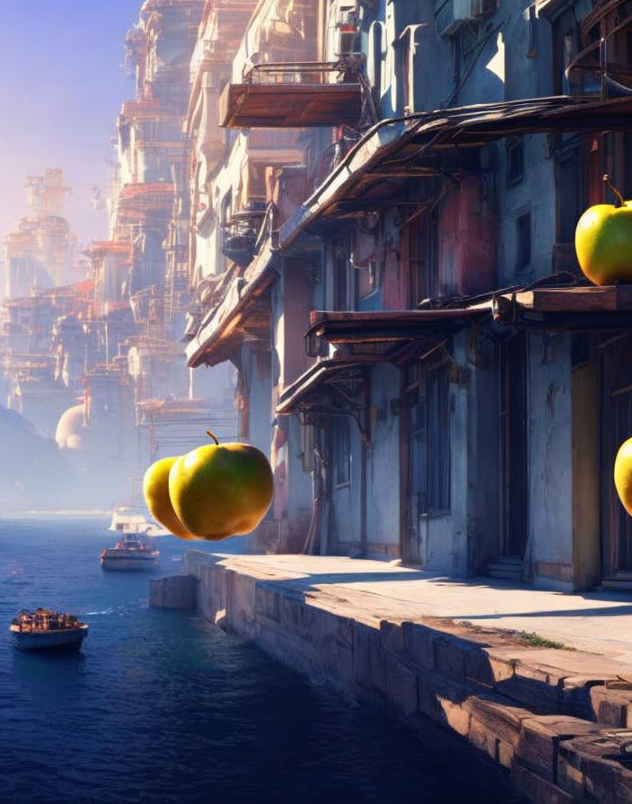 Sunlit Coastal Cityscape with Oversized Apples and Boat