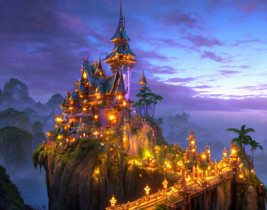 Mystical illuminated palace on cliff in twilight fog