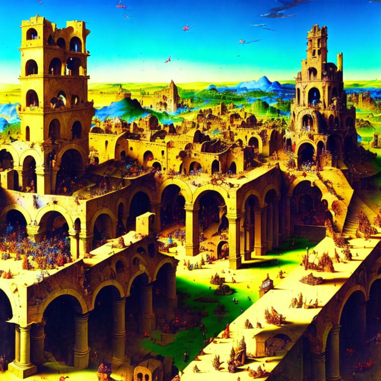 Colorful painting of ancient city ruins, crowds, greenery, and blue skies