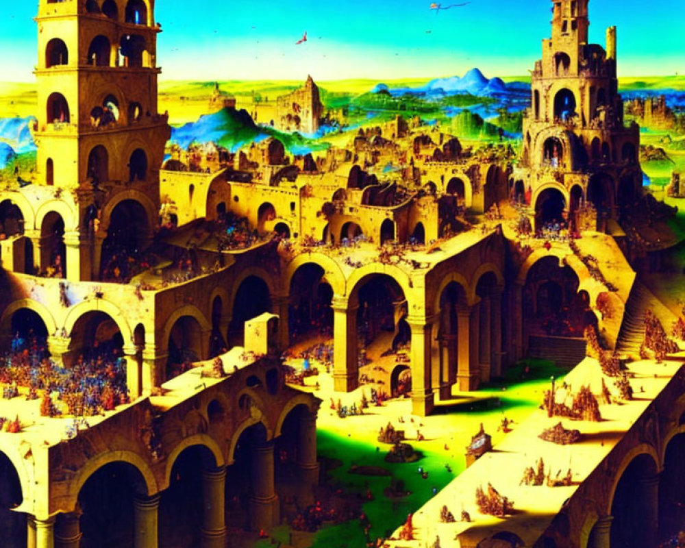 Colorful painting of ancient city ruins, crowds, greenery, and blue skies