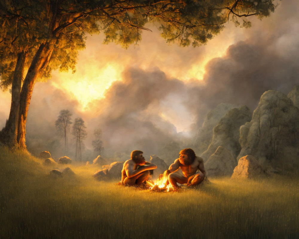 Serene forest clearing at sunset with two individuals by campfire