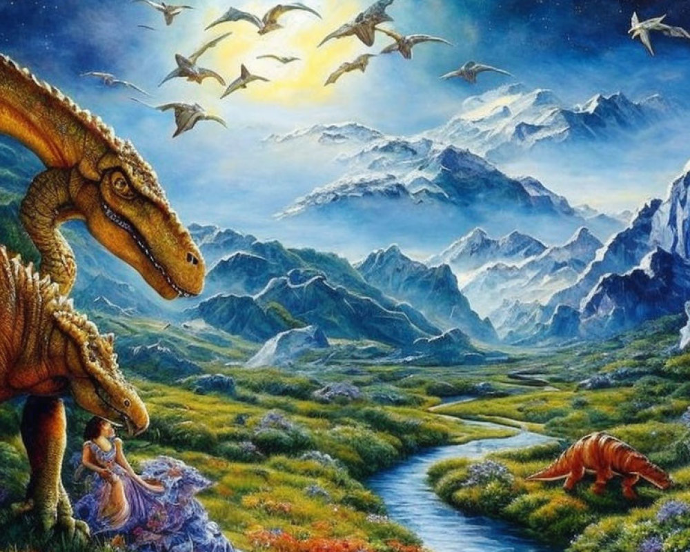 Prehistoric landscape with dinosaurs and human in harmonious coexistence