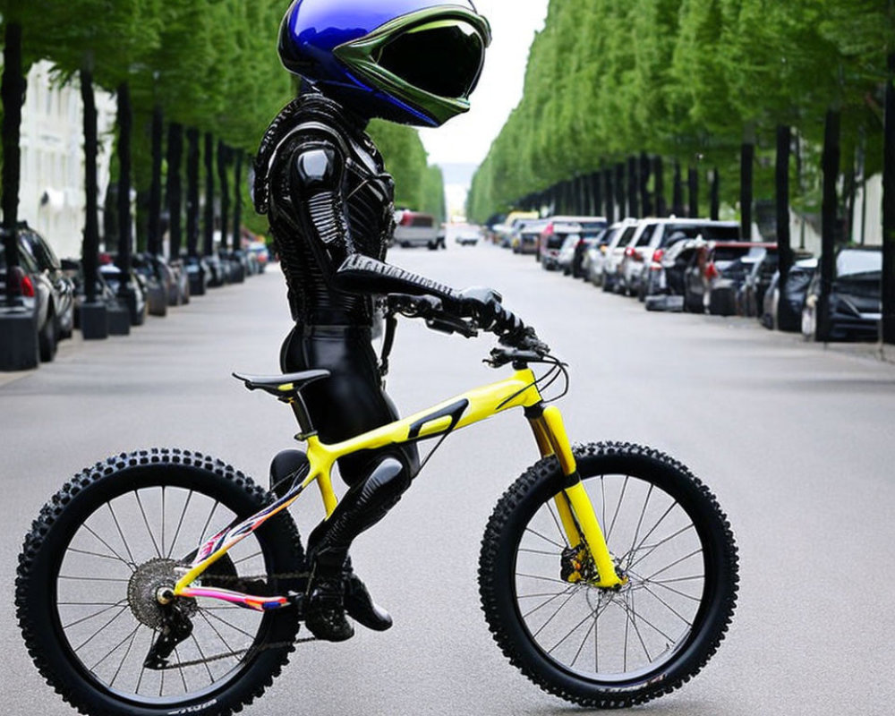 Person in full black bodysuit and blue helmet on mountain bike in tree-lined street