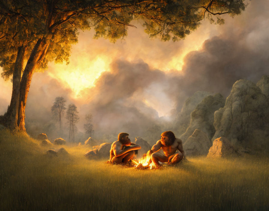 Serene forest clearing at sunset with two individuals by campfire