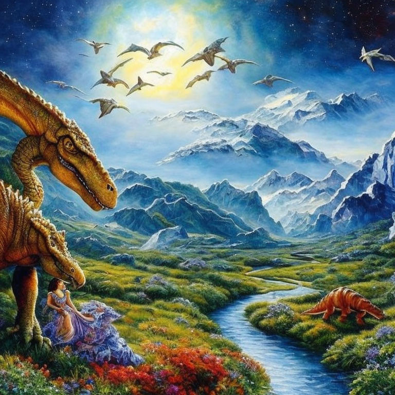 Prehistoric landscape with dinosaurs and human in harmonious coexistence