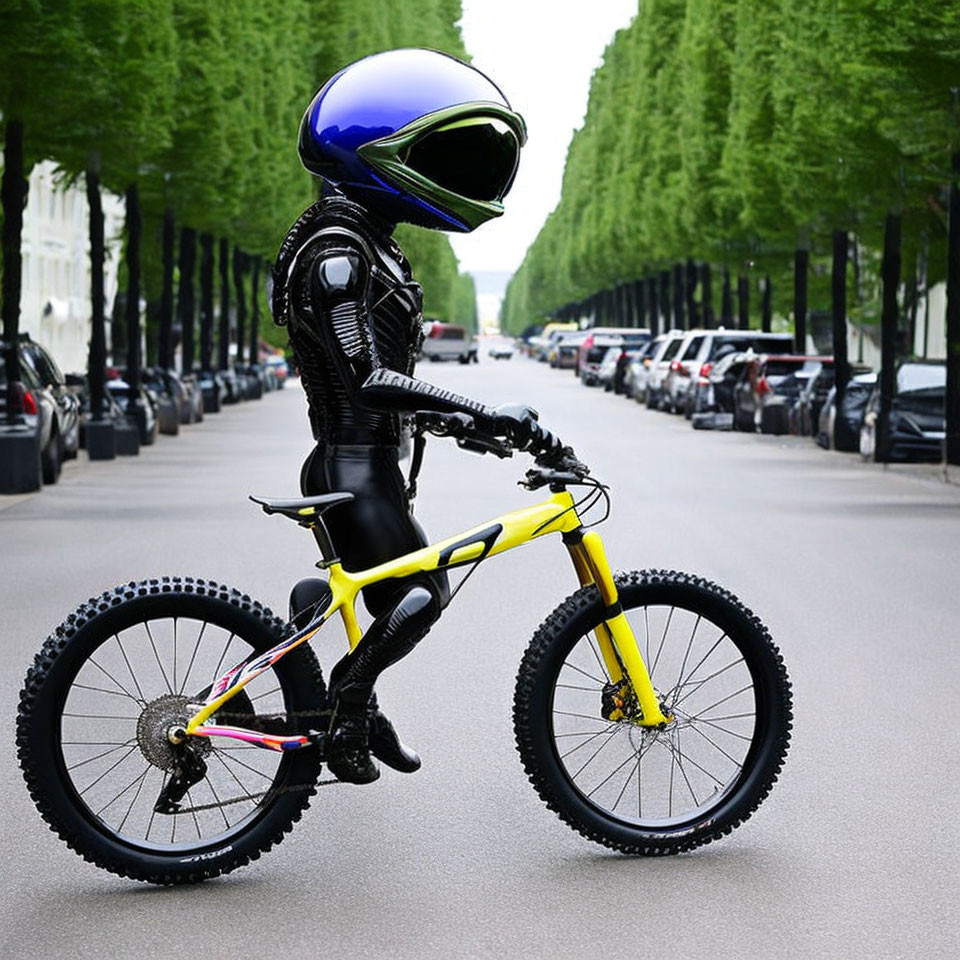 Person in full black bodysuit and blue helmet on mountain bike in tree-lined street