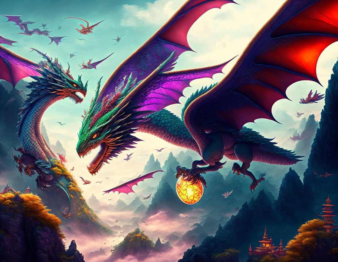 Majestic dragons flying above misty mountains and oriental pagodas