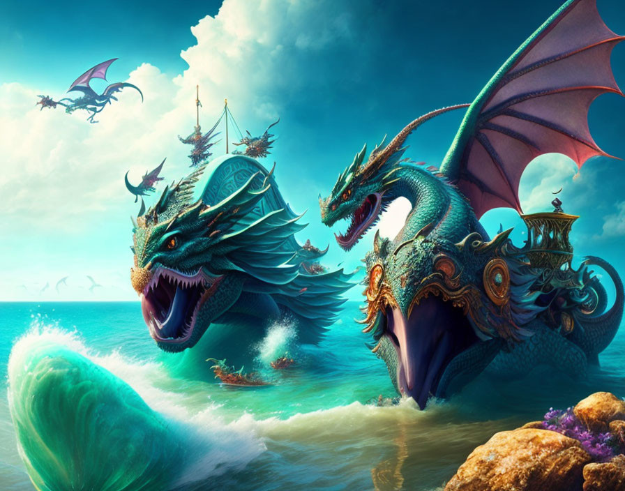 Digital artwork: Majestic sea dragons roaring in turquoise ocean with vibrant sky