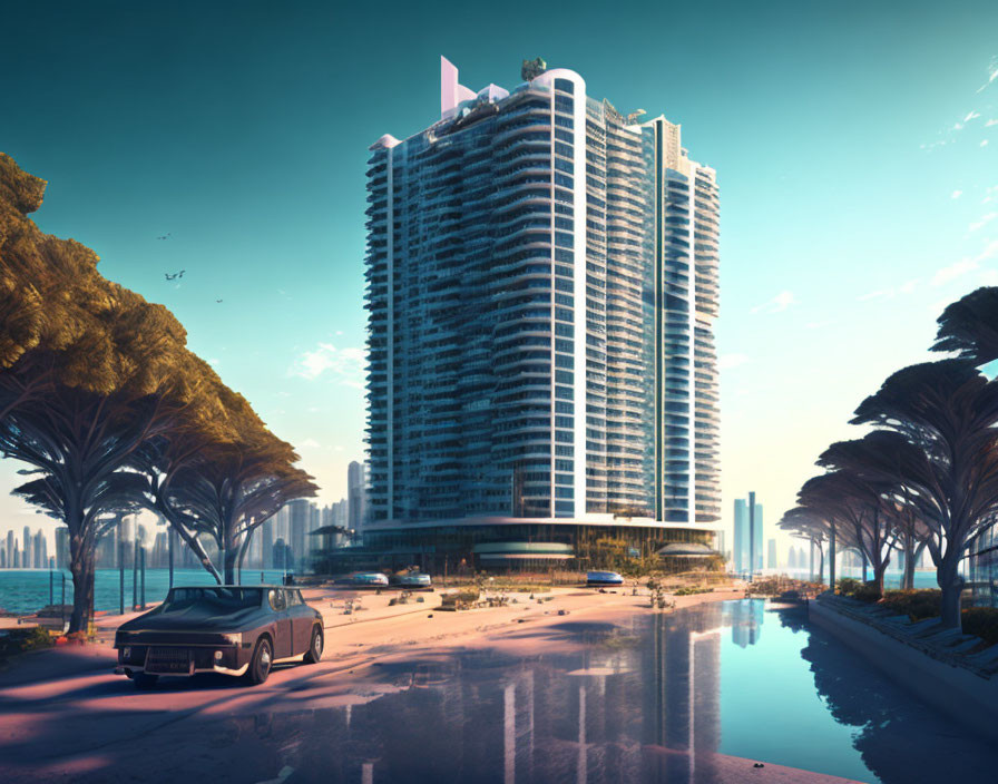 Futuristic high-rise building by waterfront with vintage car and trees