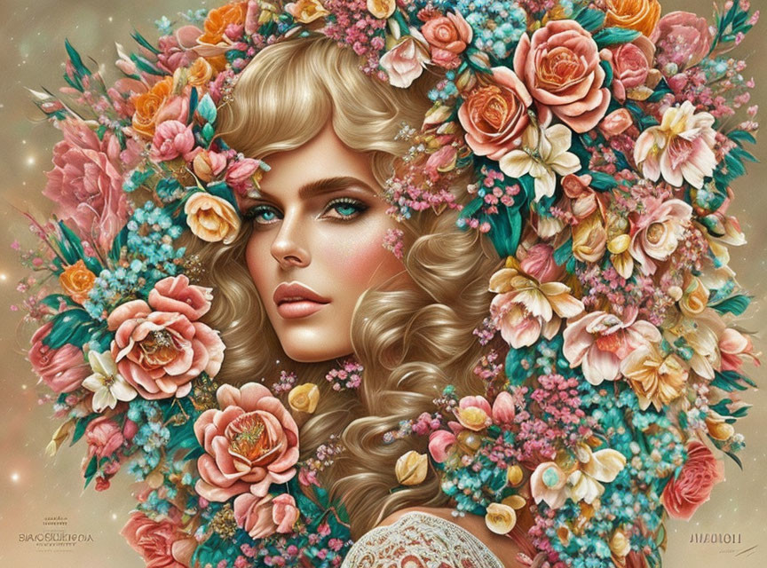 Woman with Voluminous Golden Hair and Floral Headdress in Pink, Peach, and Green