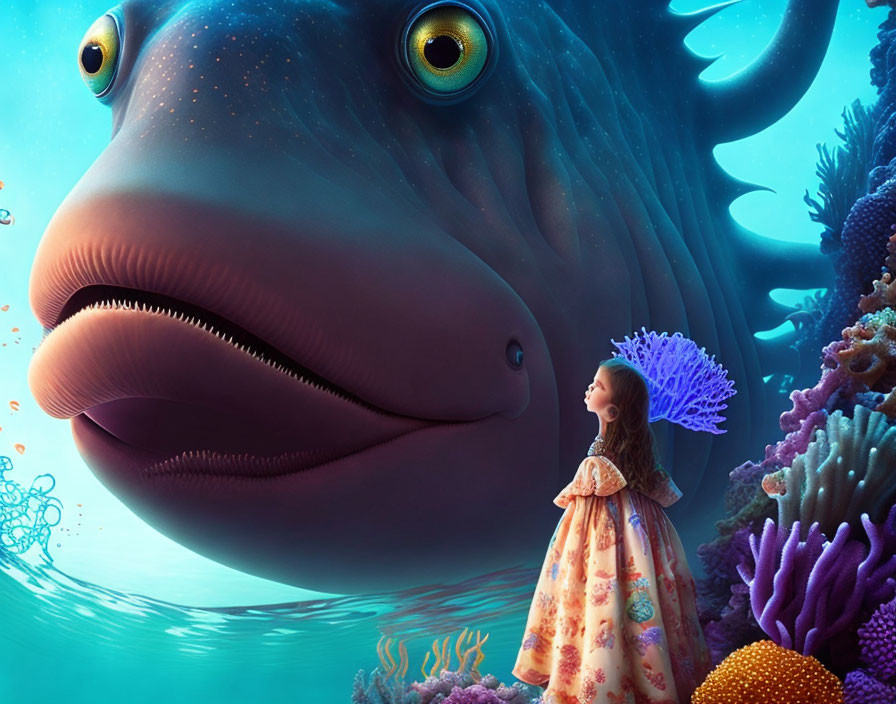 Young girl in patterned dress gazes at giant fish underwater among vibrant coral reefs