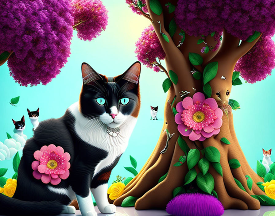 Whimsical black and white cat with vibrant trees and playful kittens