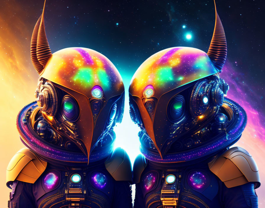 Futuristic helmets with cosmic nebula reflections in starry space