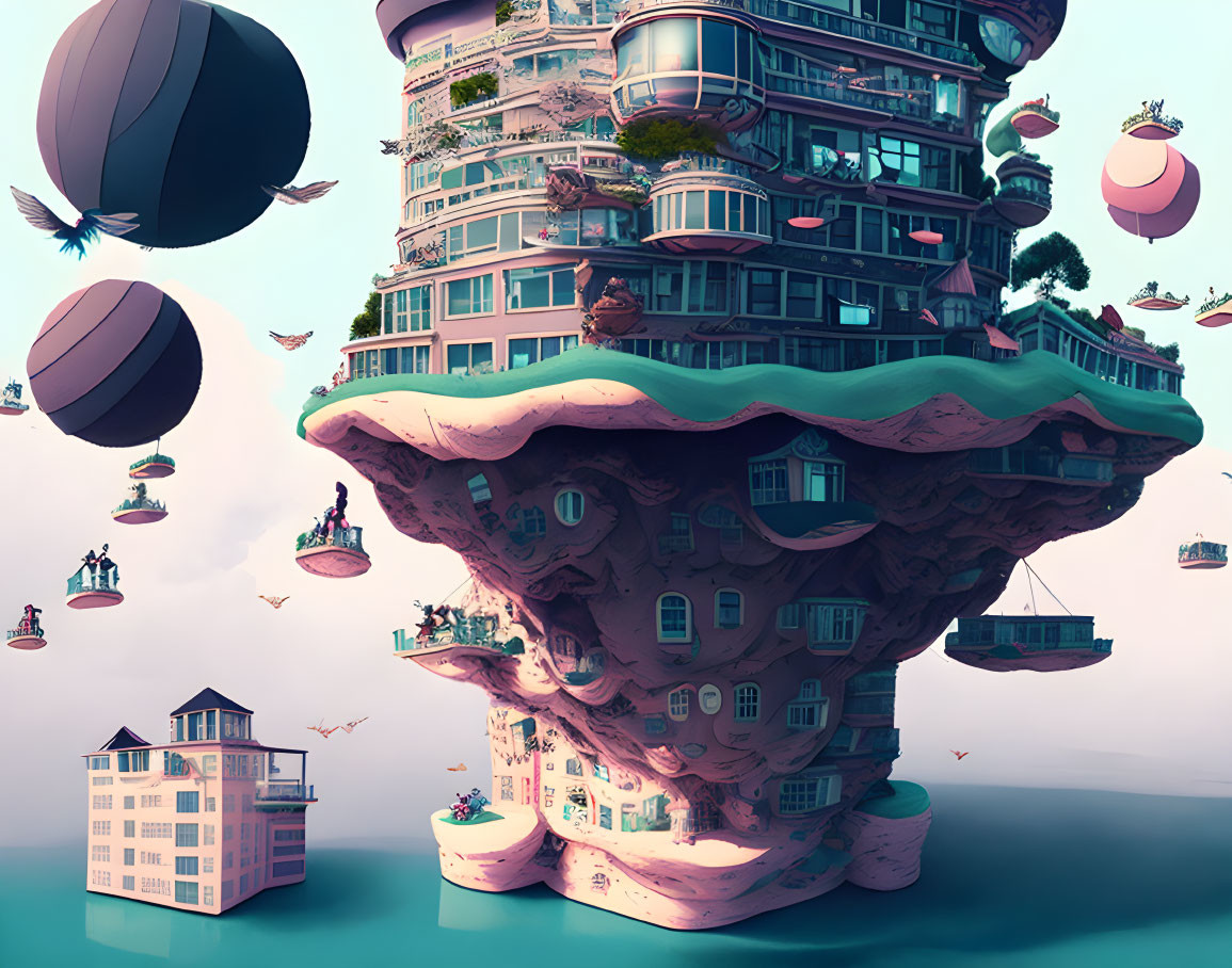 Floating Island with Buildings and Hot Air Balloons in Turquoise Sky