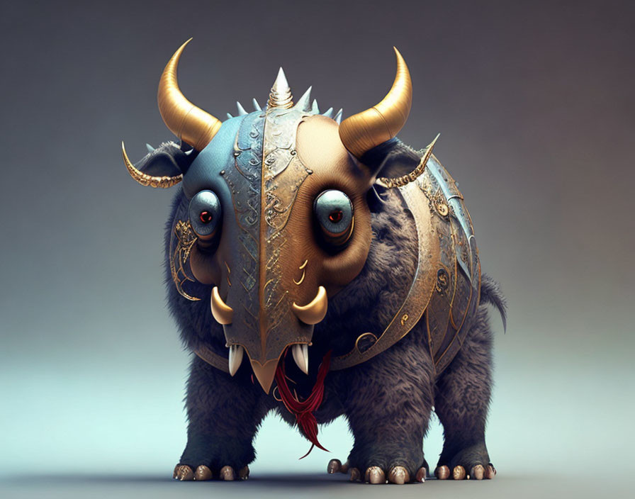 Fantastical armored beast with expressive eyes and horns.