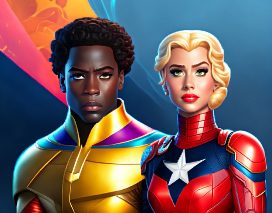 Stylized illustrated superhero characters in gold and blue and red and blue suits