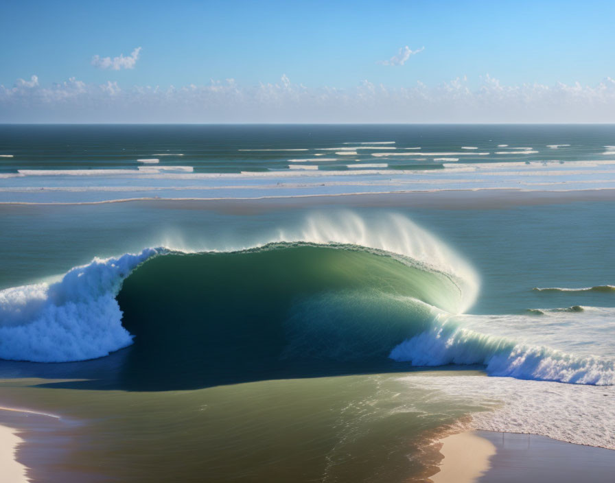 Large Perfectly Formed Wave Breaking on Tranquil Sandy Beach