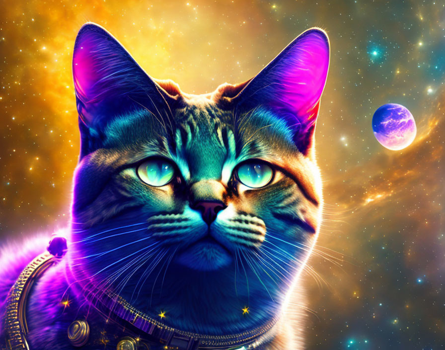 Cosmic-themed digitally altered cat image with vibrant colors