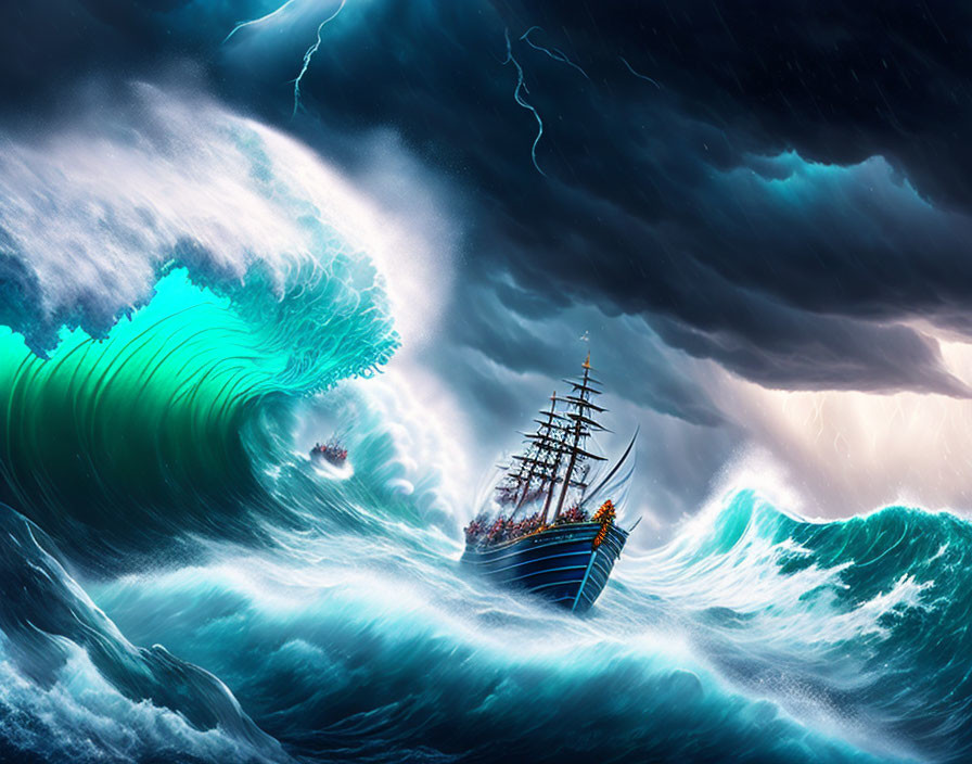 Stormy seas: Ship battles colossal waves under tempestuous sky