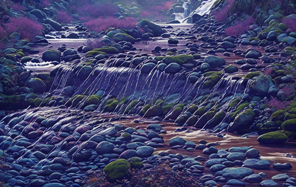 Tranquil Waterfall Scene with Purple Foliage