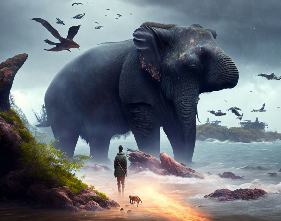 Person with Umbrella and Dog Watching Giant Elephant by Shore