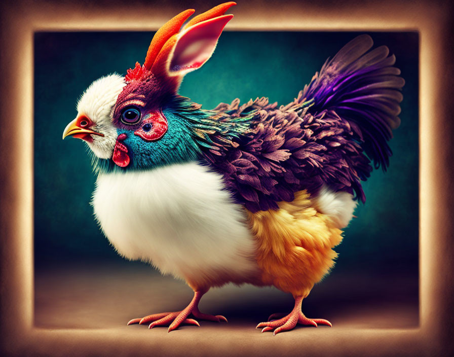 Vibrant chicken illustration with white, yellow, and purple colors on textured background