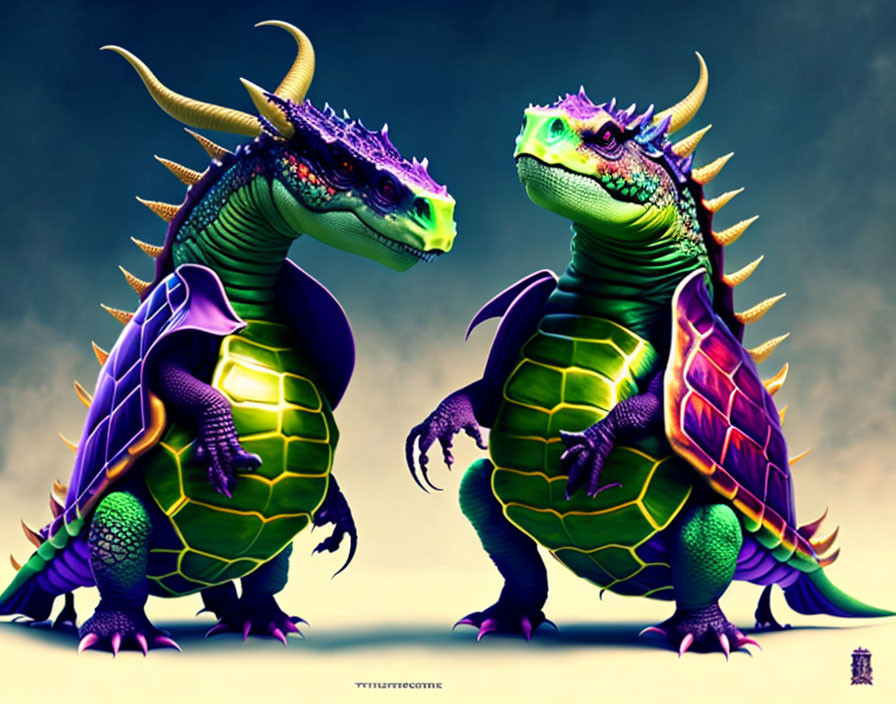 Colorful fantasy-style dragons with turtle-like shells on muted background