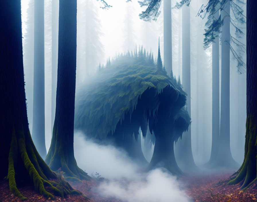 Enchanting forest with towering trees, red leaves, swirling fog, and wolf-shaped hill in blue