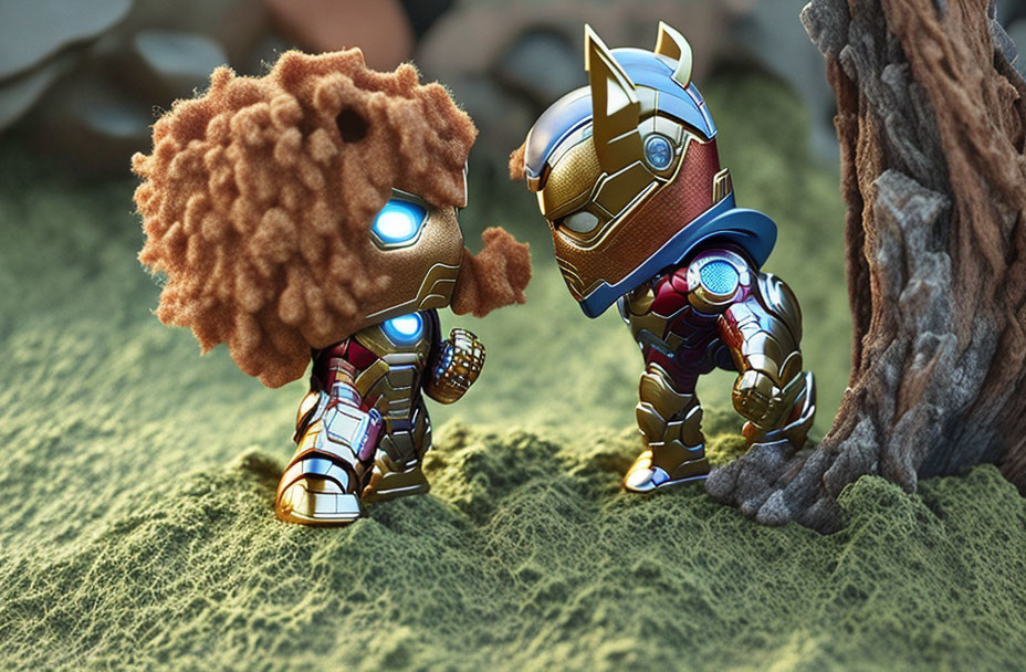 Stylized Iron Man figurines with exaggerated features in natural setting