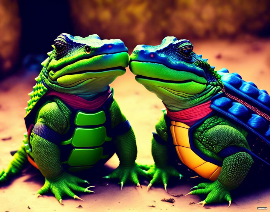 Colorful anthropomorphic frogs face off on earthy background