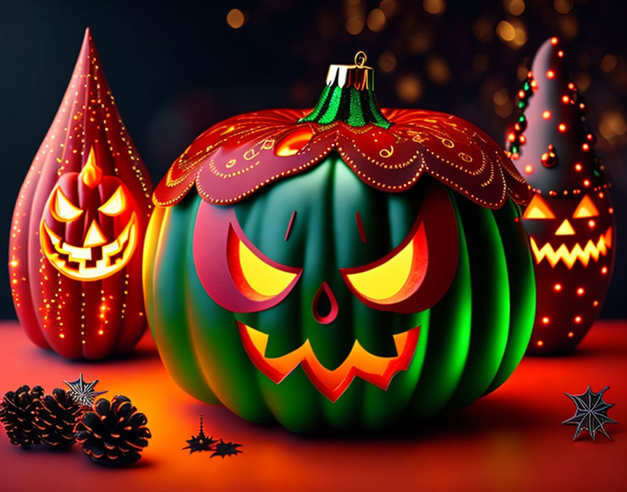 Holiday-themed pumpkin decoration with Christmas lights on red background