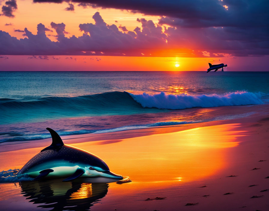 Colorful Beach Sunset with Leaping Dolphin Reflection