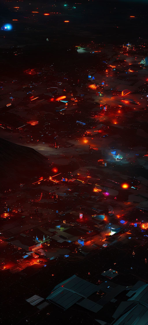 Cityscape with Vivid Red and Blue Lights at Night