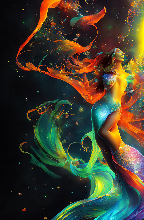 Colorful illustration of woman with flowing hair and dress and cosmic elements