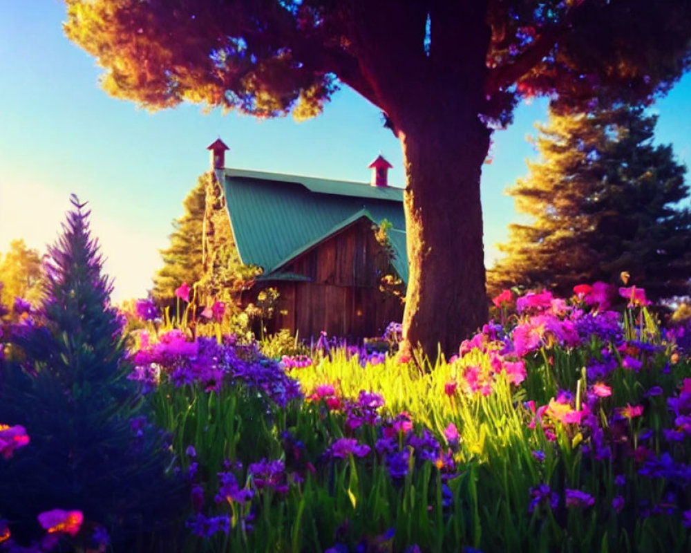 Rustic wooden cabin with green roof in serene natural setting