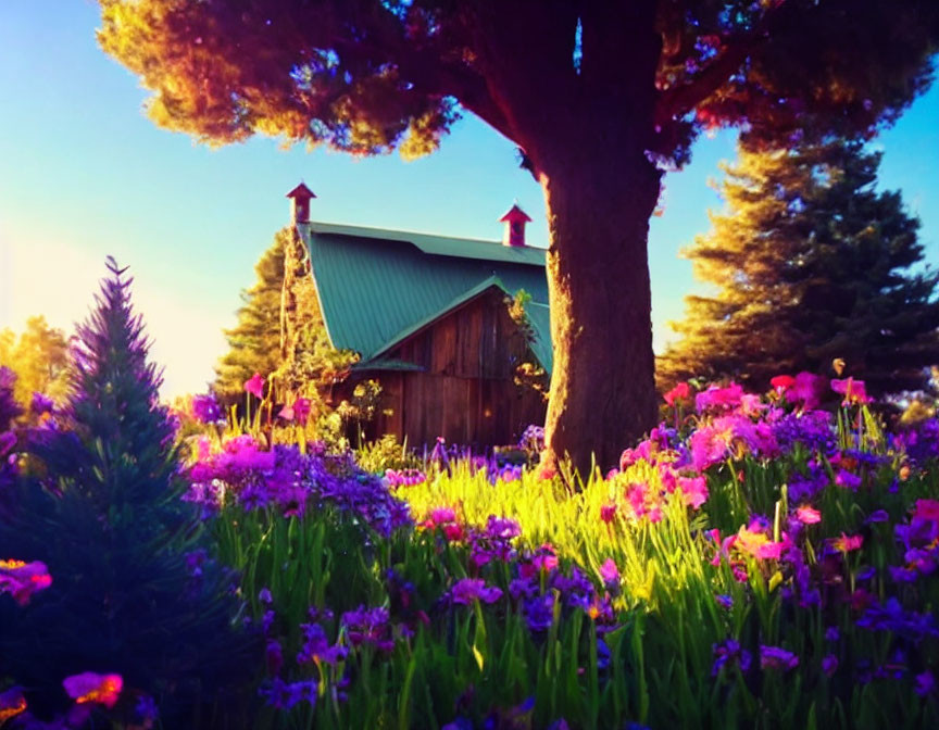 Rustic wooden cabin with green roof in serene natural setting