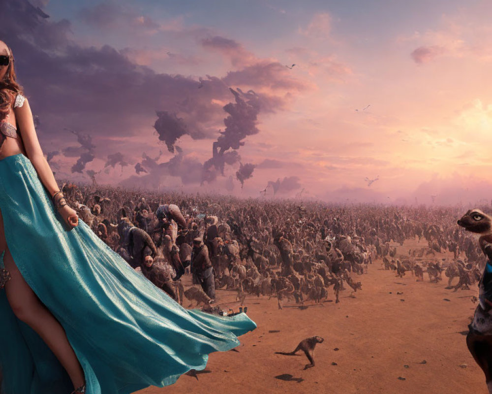 Woman in Blue Dress Surrounded by Ostriches in Surreal Landscape