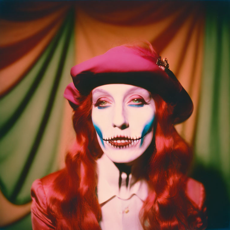 Person in Red Beret with Dramatic Skull-Like Makeup