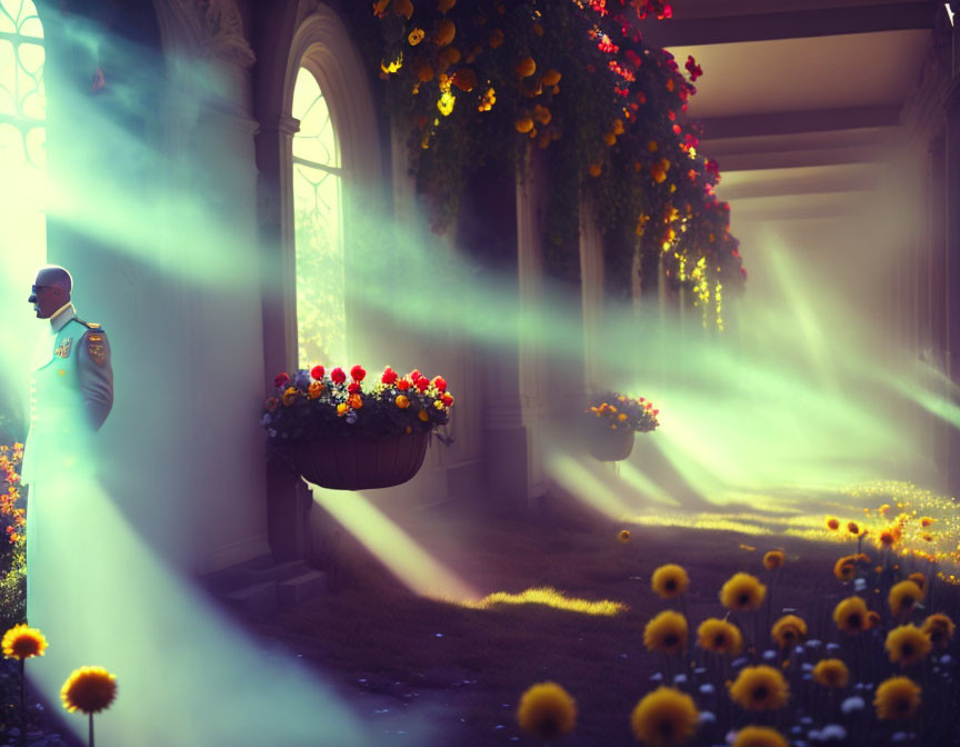 Sunlight beams through archways onto flowers and a person in uniform.